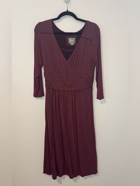 Maeve Anthropologie Burgundy Faux Wrap Midi Dress Women’s Large 3/4 Sleeve